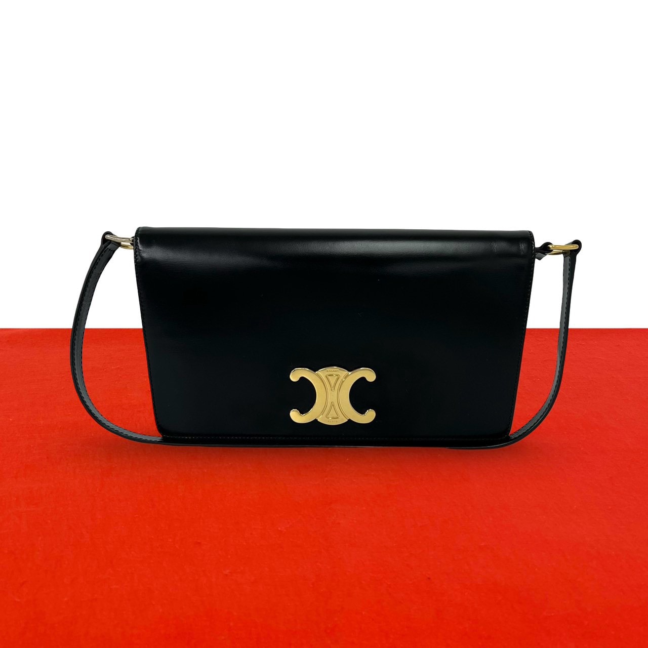 CELINE セリーヌ トリオンフ ロゴ金具 カーフ ショルダーバッグ ブラック
 12907