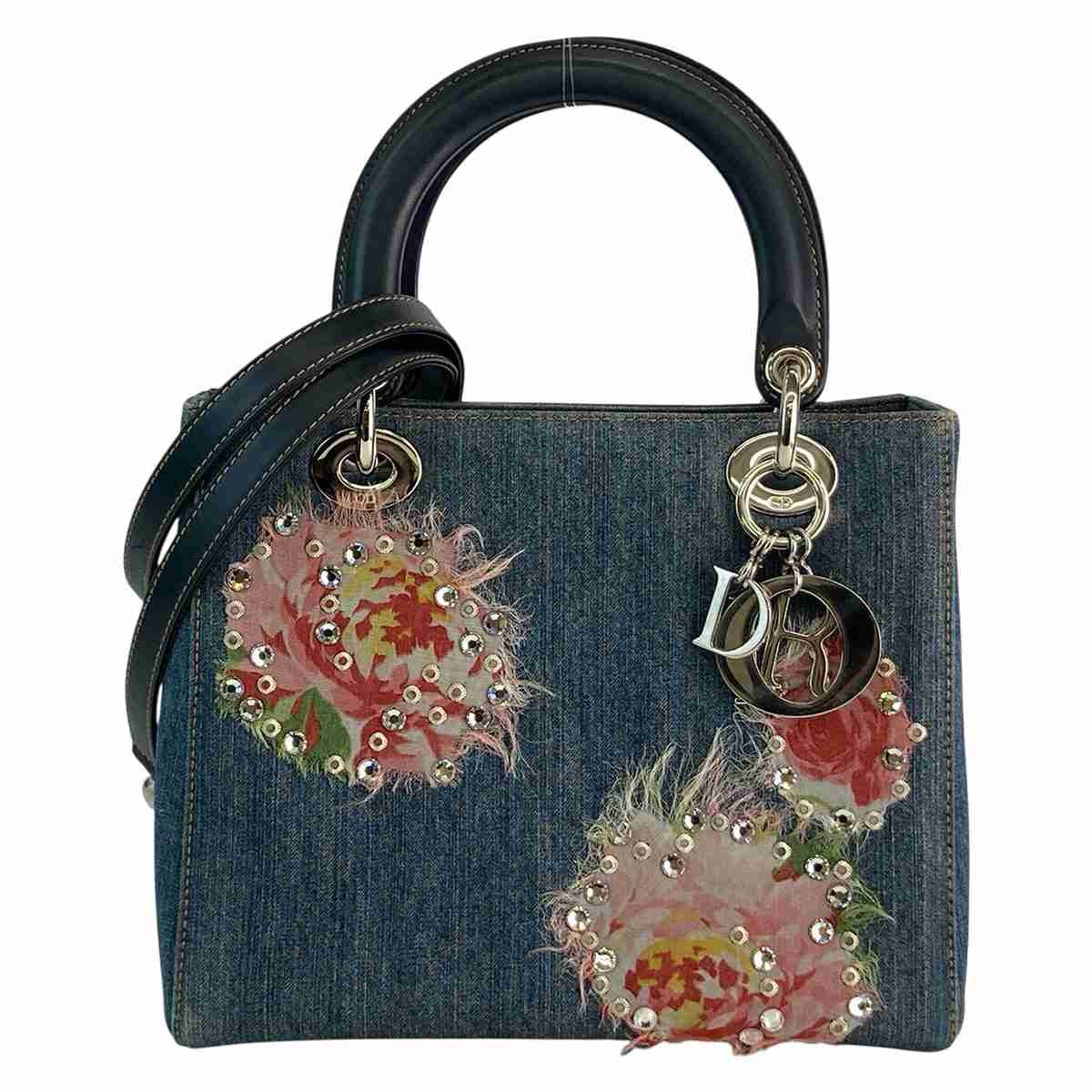 Christian Dior クリスチャンディオール レディ ディオール フラワー デニム 2WAY ショルダーバッグ ハンドバッグ デニム ブルー  レディース【中古】