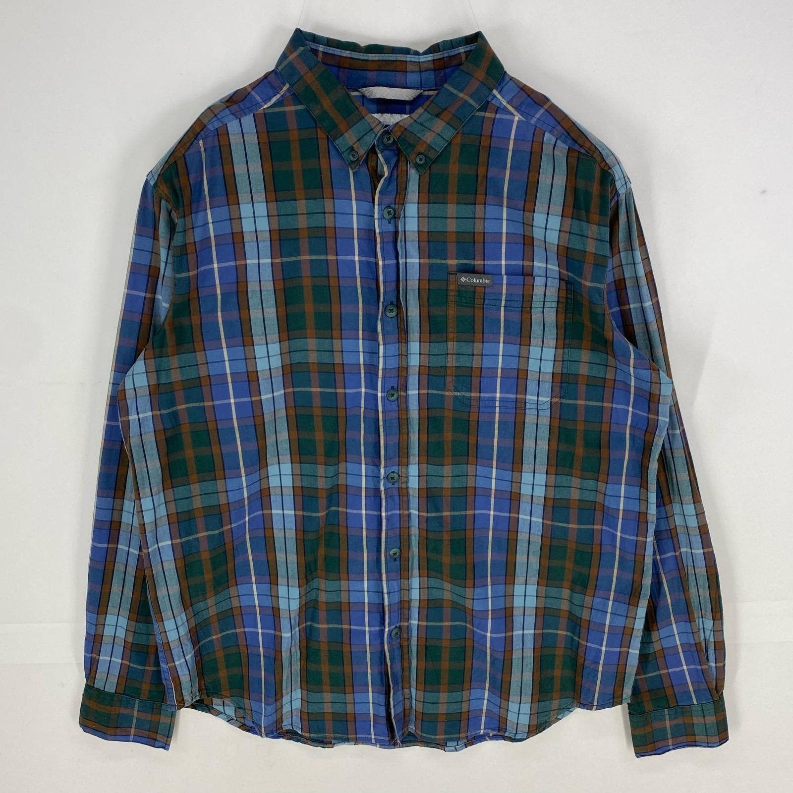 古着 コロンビア Columbia 長袖シャツ ボタンダウン ワンポイント ロングスリーブ L  ブルー系 チェック メンズ