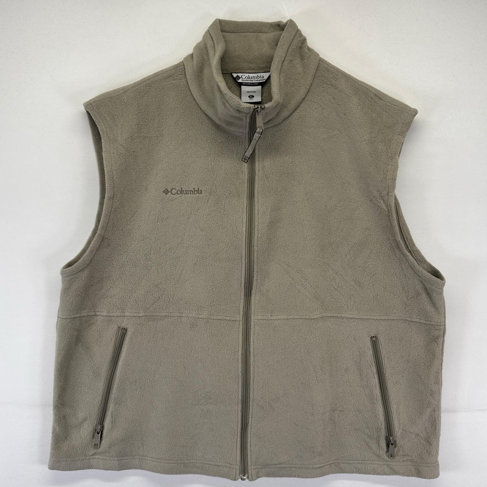古着 コロンビア Columbia フリース ベスト フルジップ ワンポイントロゴ 薄手 XL  ベージュ系 メンズ