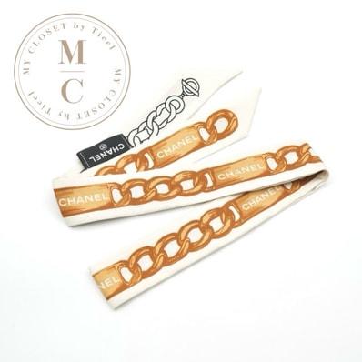 シャネル CHANEL ヘアアクセサリー アイボリー ブラウン ロゴ チェーン スカーフ ヘアバンド