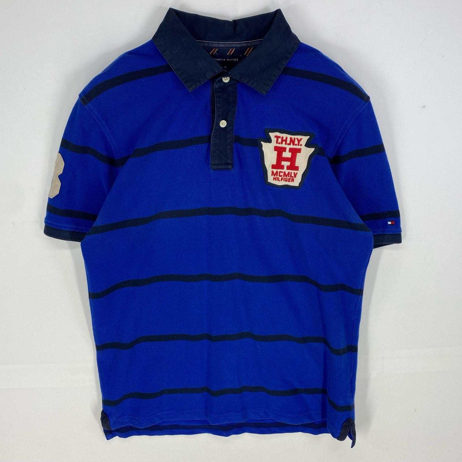 古着 トミーヒルフィガー TOMMY HILFIGER 半袖シャツ ワッペン ポロシャツ ハーフボタン XL  ブルー系 ボーダー メンズ