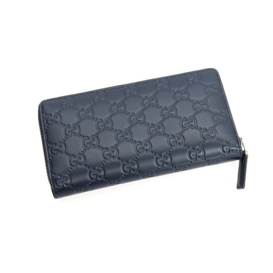 【中古】グッチ GUCCI レザー GG柄 ラウンドファスナー 長財布 ネイビー【メンズ】