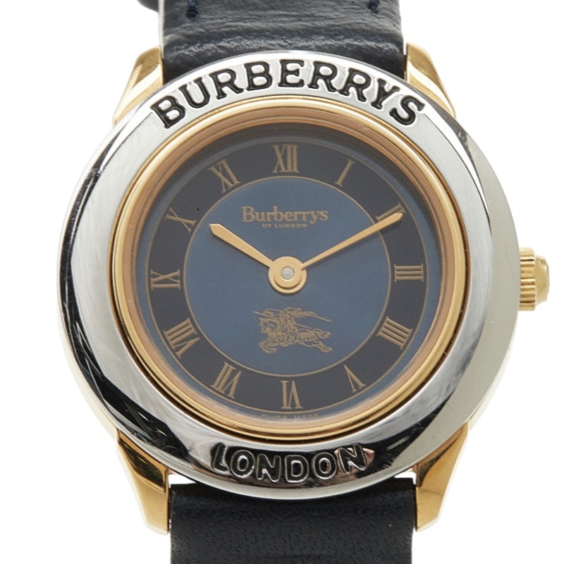 バーバリー 腕時計 4100 クオーツ ネイビー文字盤 ステンレススチール レザー レディース BURBERRY 中古