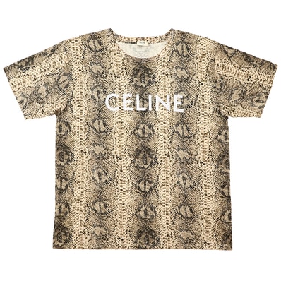 【極美品】CELINE セリーヌ Tシャツ サイズ XXL メンズ パイソン柄 ロゴ プリント プルオーバー クルーネック ショートスリーブ 半袖 コットン100% トップス ベージュ系 総柄 イタリア製