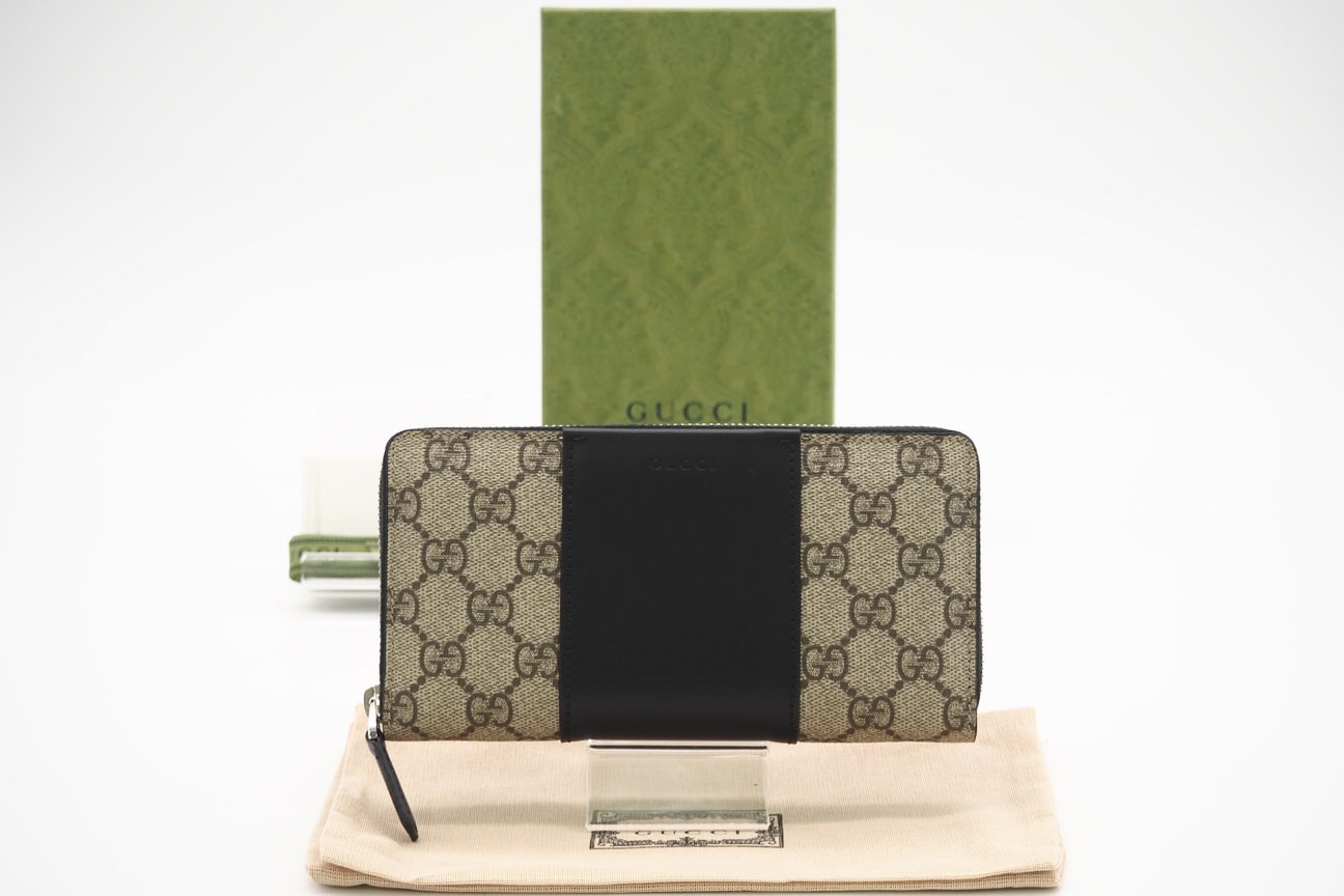 極美品 GUCCI グッチ GGスプリーム レザー ラウンドジップウォレット 779879 長財布 ベージュ ブラック レザー レディース