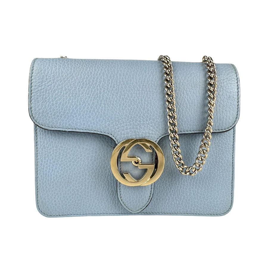 グッチ GUCCI ショルダーバッグ インターロッキングG レザー ライトブルー ゴールド レディース 510304【中古】 z6759