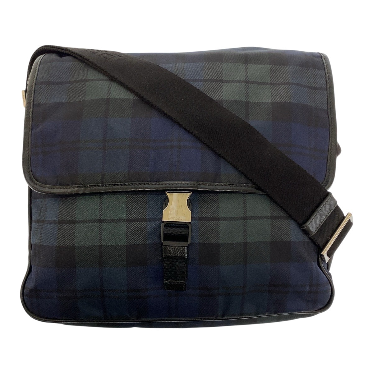 美品 PRADA プラダ テスート 三角ロゴプレート チェック柄 緑 青 黒 シルバー金具 ナイロン ショルダーバッグ メッセンジャーバッグ 505201 【中古】
