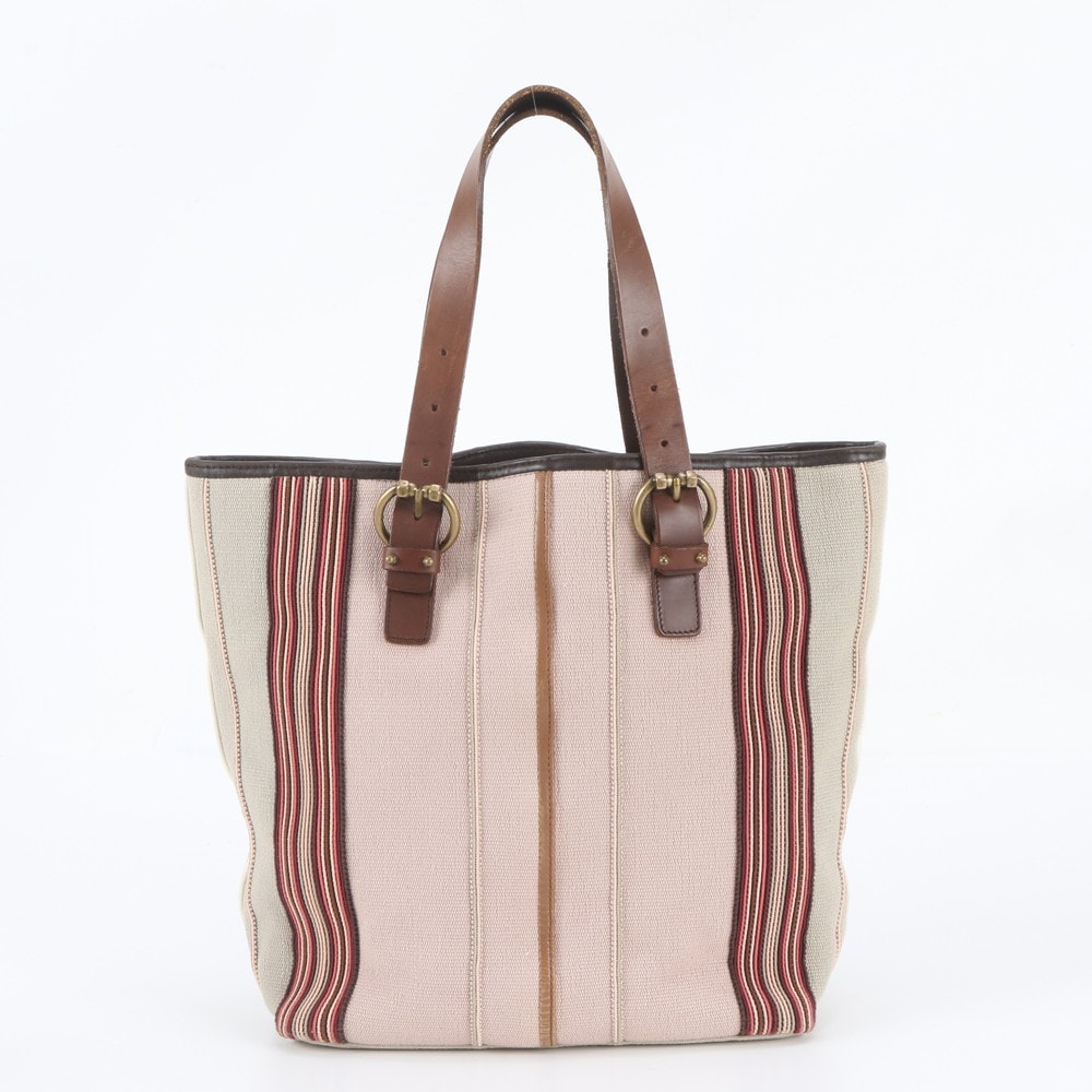 ■美品 ボッテガヴェネタ ストライプトート バッグ レザー×キャンバス