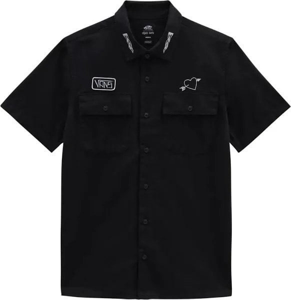 VANS バンズ 22aw Elijah Berle Woven Shirt 半袖オープンカラーシャツ ブラック ロゴ ハート コラボ
