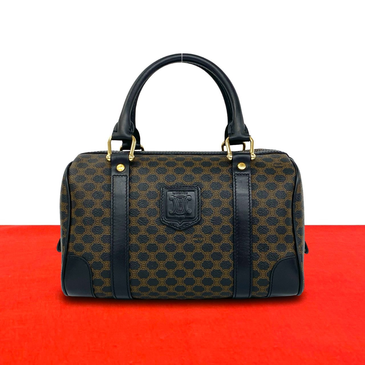 CELINE セリーヌ マカダム ブラゾン ロゴ 柄 レザー PVC ボストンバッグ ブラック
 148-1
