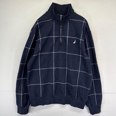古着 ノーティカ NAUTICA スウェット ハーフジップ プルオーバー ワンポイントロゴ M ネイビー系 チェック メンズ