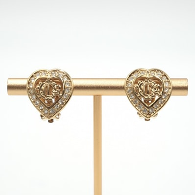 Christian Dior(クリスチャンディオール) ヴィンテージ ハート CDロゴ イヤリング ゴールドカラー ラインストーン クリップ式 レディース 【中古】