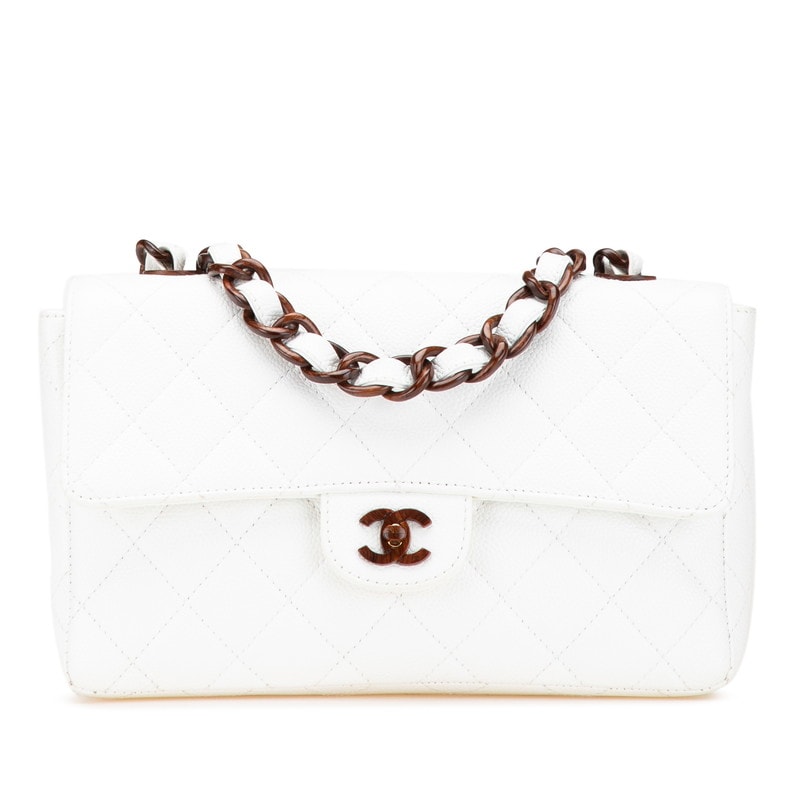 シャネル マトラッセ ココマーク ウッド チェーン ショルダーバッグ ホワイト ブラウン キャビアスキン レディース CHANEL 【中古】