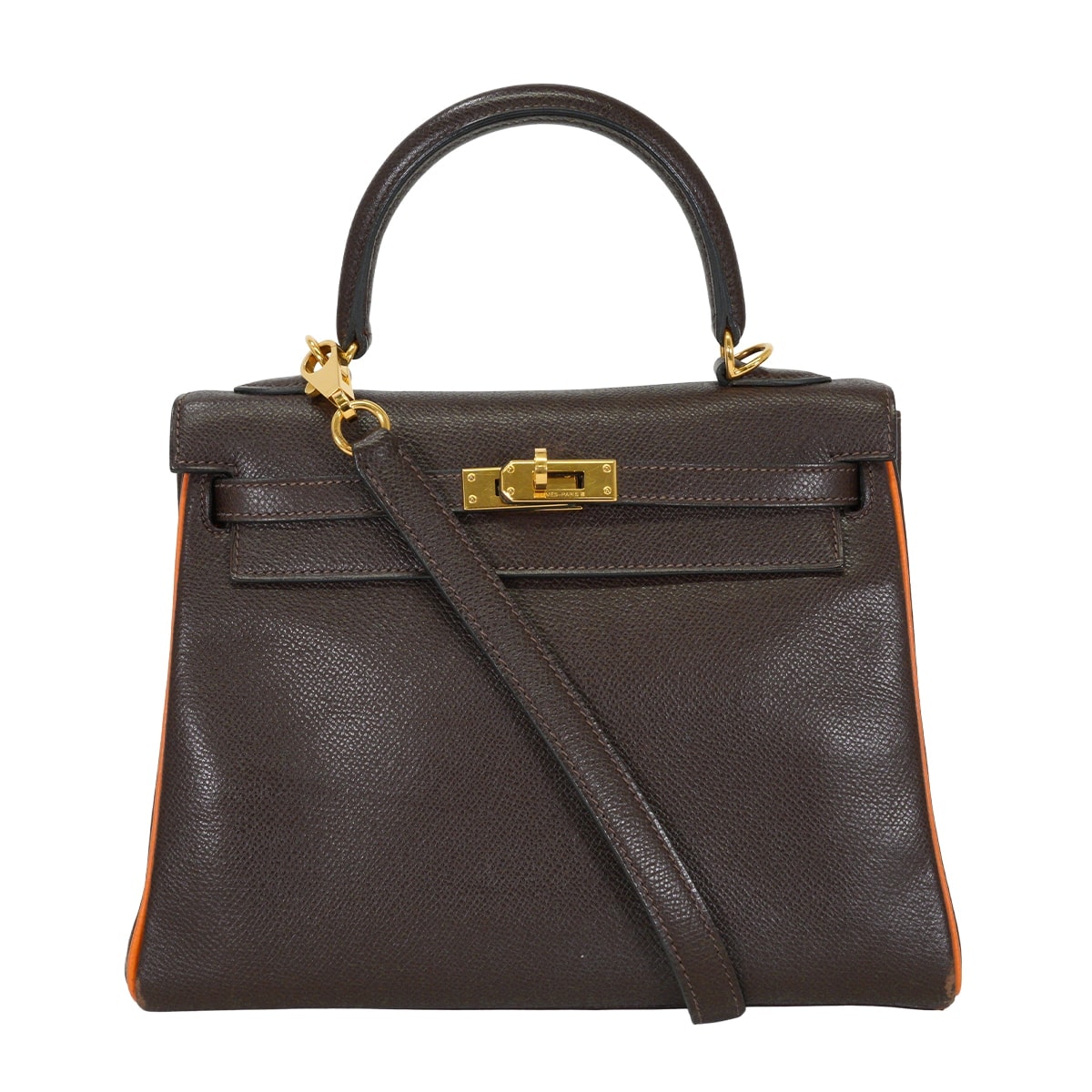 【渋谷並木橋店】HERMES エルメス ショルダーバッグ ケリー25 内縫い バイカラー ショコラ/オレンジ エプソン ゴールド金具 □I刻印 Aランク【中古】
