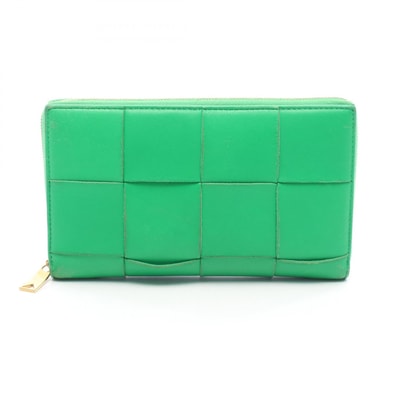 ボッテガヴェネタ BOTTEGA VENETA カセット ジップアラウンドウォレット マキシイントレチャート ラウンド長財布 財布 レザー メンズ グリーン系 649607 【中古】