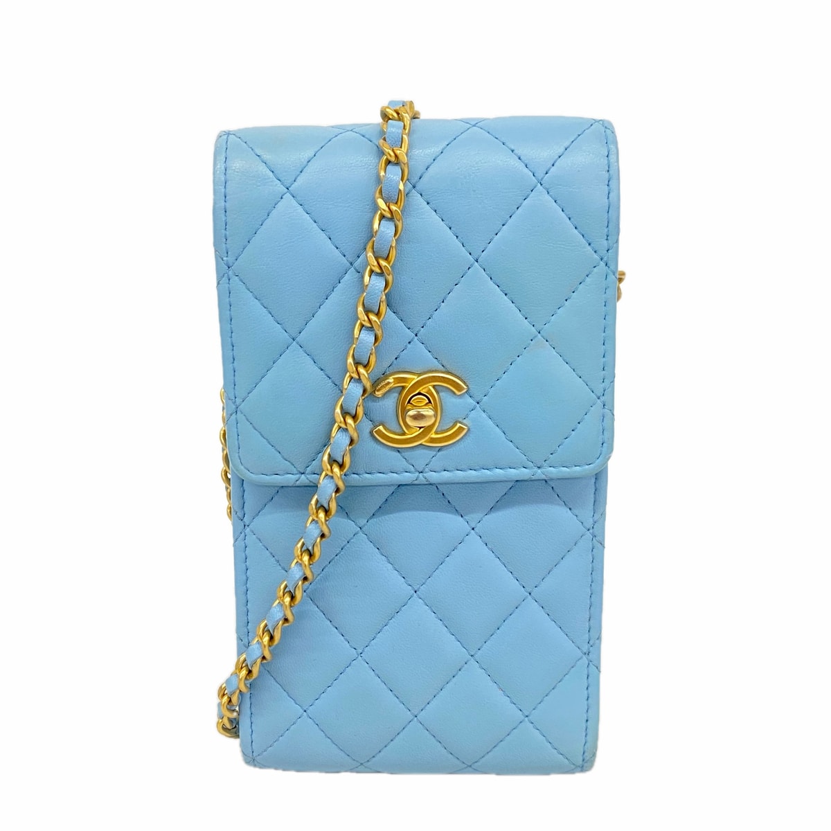 ★最終価格【6ie6703】シャネル ショルダーバッグ マトラッセ チェーンショルダー ラムスキン スカイブルー シャンパンゴールド金具【中古】レディース