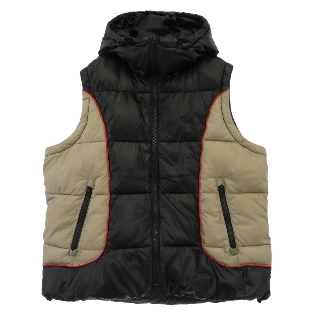 DIESEL ディーゼル ベスト 25AW A14406 0DBCH W-OSTEND-SL HOODED PUFFER VEST ロゴ刺繍 ナイロン 中綿 フーデッド ベスト ブラック系 ベージュ系 46【中古】