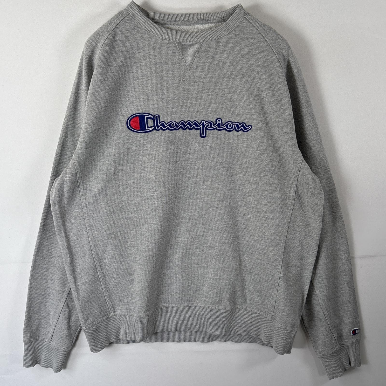古着 チャンピオン Champion スウェット トレーナー ビッグロゴ 大きいサイズ ワッペン Vガゼット クルーネック X -LARGE グレー メンズ