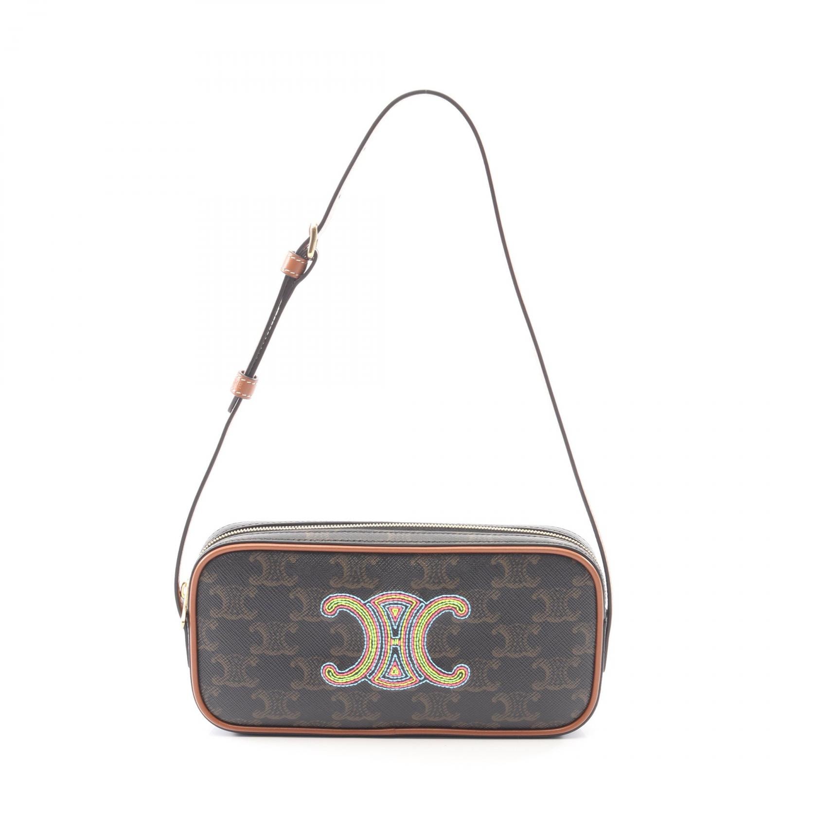 セリーヌ CELINE キュイル トリオンフ ミニ カメラバッグ ショルダーバッグ バッグ PVCコーティングキャンバス レザー レディース ブラック系 / ブラウン系 【中古】