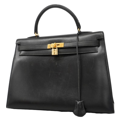 ★SALE【6fa1805】エルメス ハンドバッグ ケリー35 ボックスカーフ ブラック ゴールド金具 □A刻印【中古】レディース
