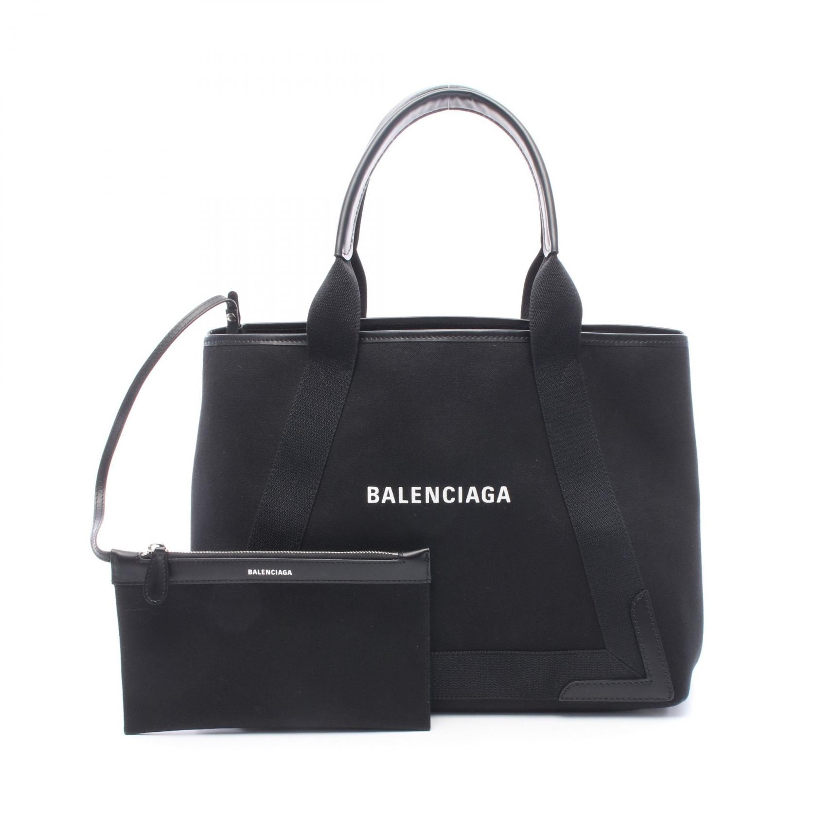 バレンシアガ BALENCIAGA NAVY CABAS NEW M ネイビーカバ トートバッグ バッグ キャンバス レザー レディース ブラック系 339936 【中古】