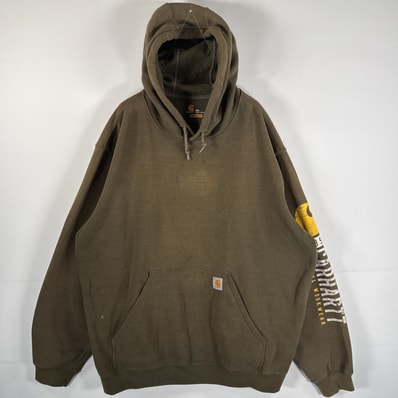 古着 カーハート Carhartt パーカー 大きいサイズ ワンポイントロゴ マフポケット 袖プリント ラバープリント 2XL Regular ブラウン系 メンズ