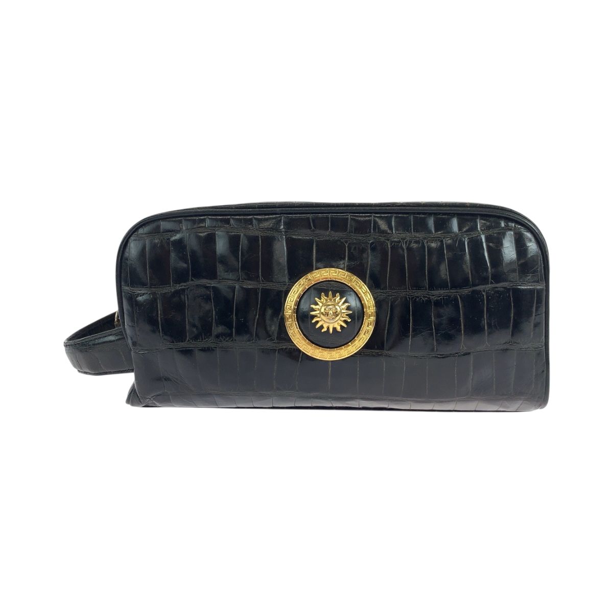 VERSACE ヴェルサーチ ヴィンテージ クロコ型押し サンバースト ブラック 黒 ゴールド金具 レザー クラッチバッグ セカンドバッグ 503669 【中古】