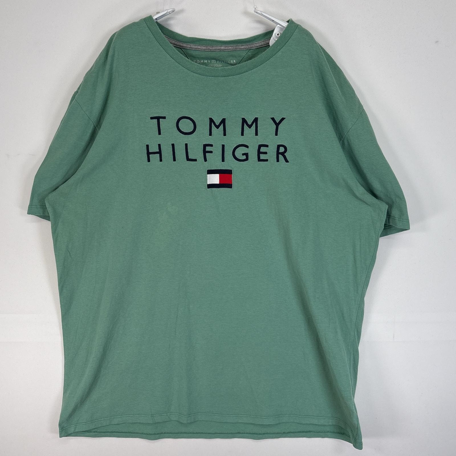 古着 トミーヒルフィガー TOMMY HILFIGER 半袖Tシャツ ロゴ 刺繍 クルーネック 大きいサイズ XL  グリーン系 無地 メンズ