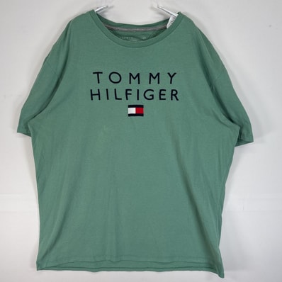 古着 トミーヒルフィガー TOMMY HILFIGER 半袖Tシャツ ロゴ 刺繍 クルーネック 大きいサイズ XL グリーン系 無地 メンズ