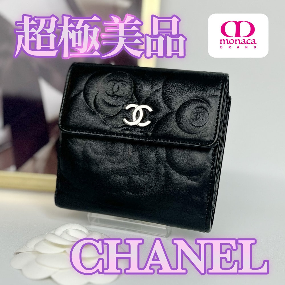 超極美品 CHANEL カメリア コンパクト 二つ折り財布 ブラック レディース メンズ