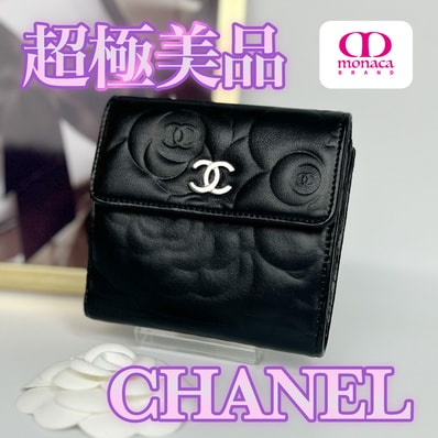 超極美品 CHANEL カメリア コンパクト 二つ折り財布 ブラック レディース メンズ