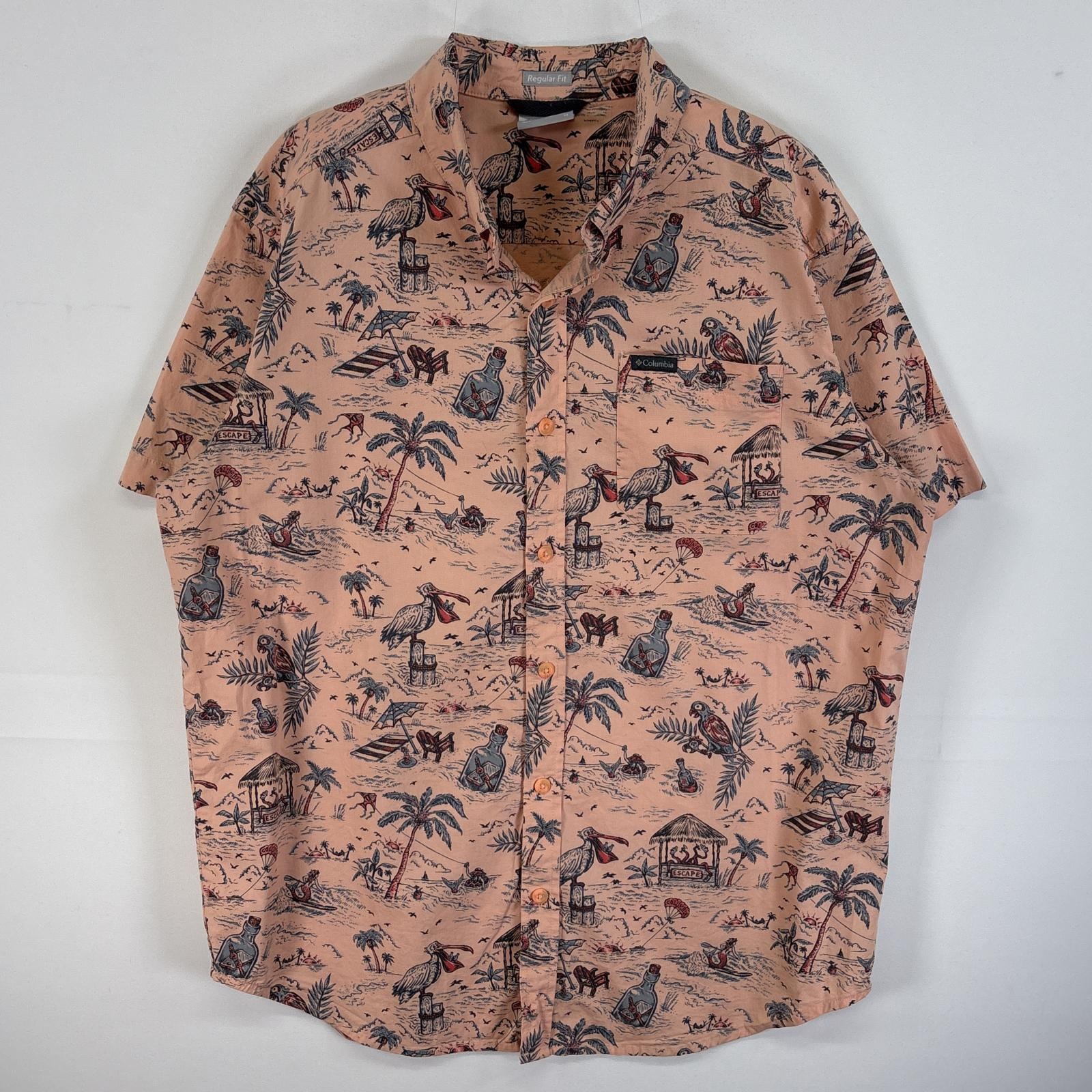 古着 コロンビア Columbia 半袖シャツ マリンデザイン 柄シャツ ワンポイント ロゴ ボタンダウン M  ピンク系 総柄 メンズ
