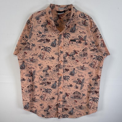 古着 コロンビア Columbia 半袖シャツ マリンデザイン 柄シャツ ワンポイント ロゴ ボタンダウン M ピンク系 総柄 メンズ