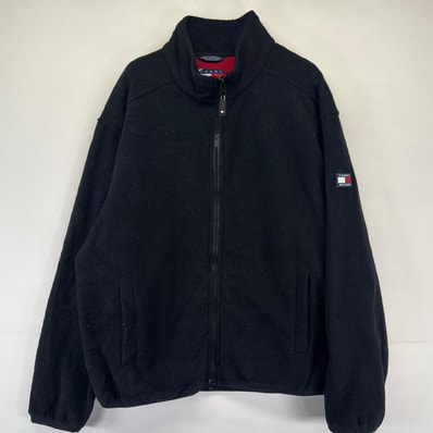 古着 トミーヒルフィガー TOMMY HILFIGER フリース ジャケット フルジップ 袖ロゴ 大きいサイズ 2XL ブラック系 メンズ