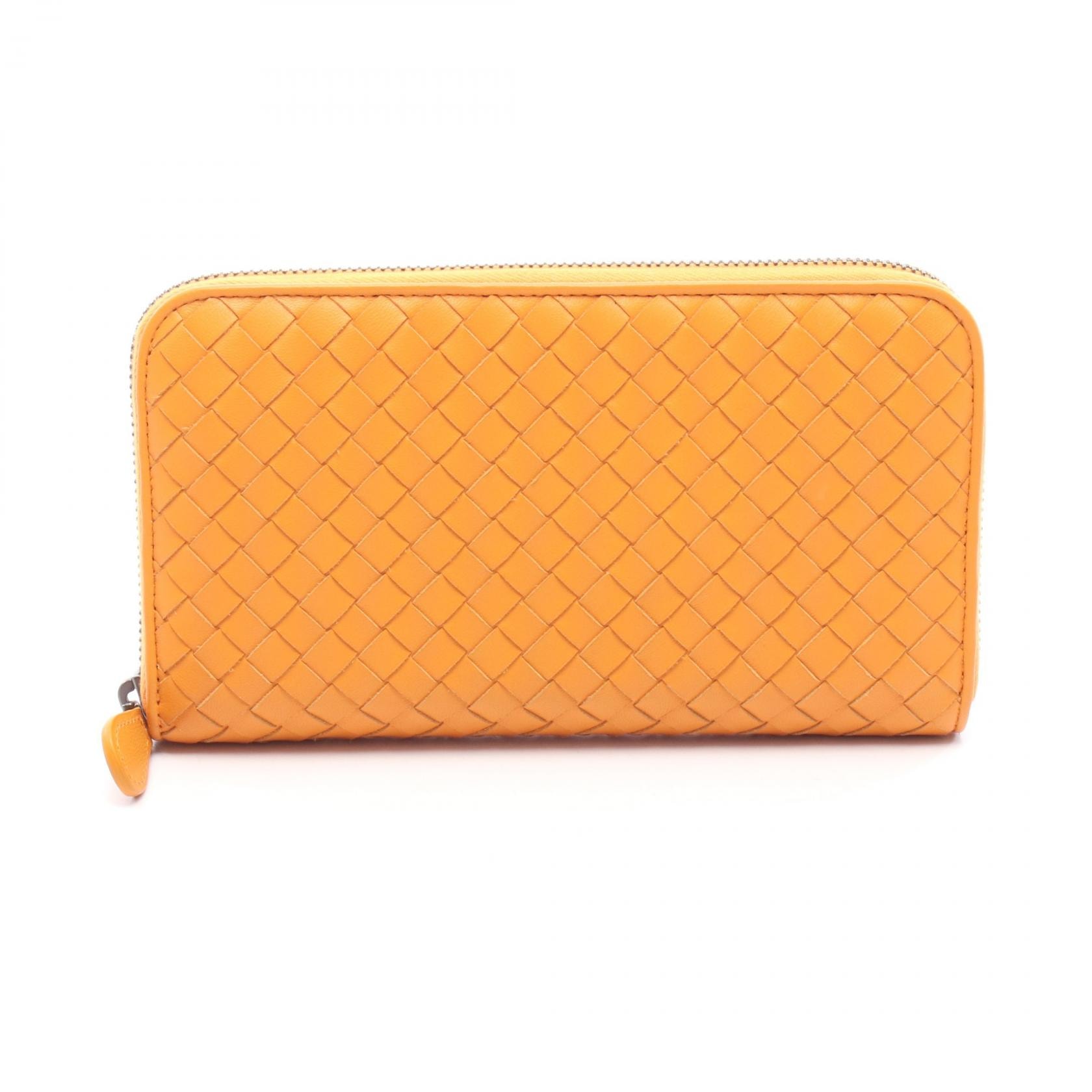 ボッテガヴェネタ BOTTEGA VENETA イントレチャート ラウンド長財布 財布 レザー メンズ オレンジ系 【中古】