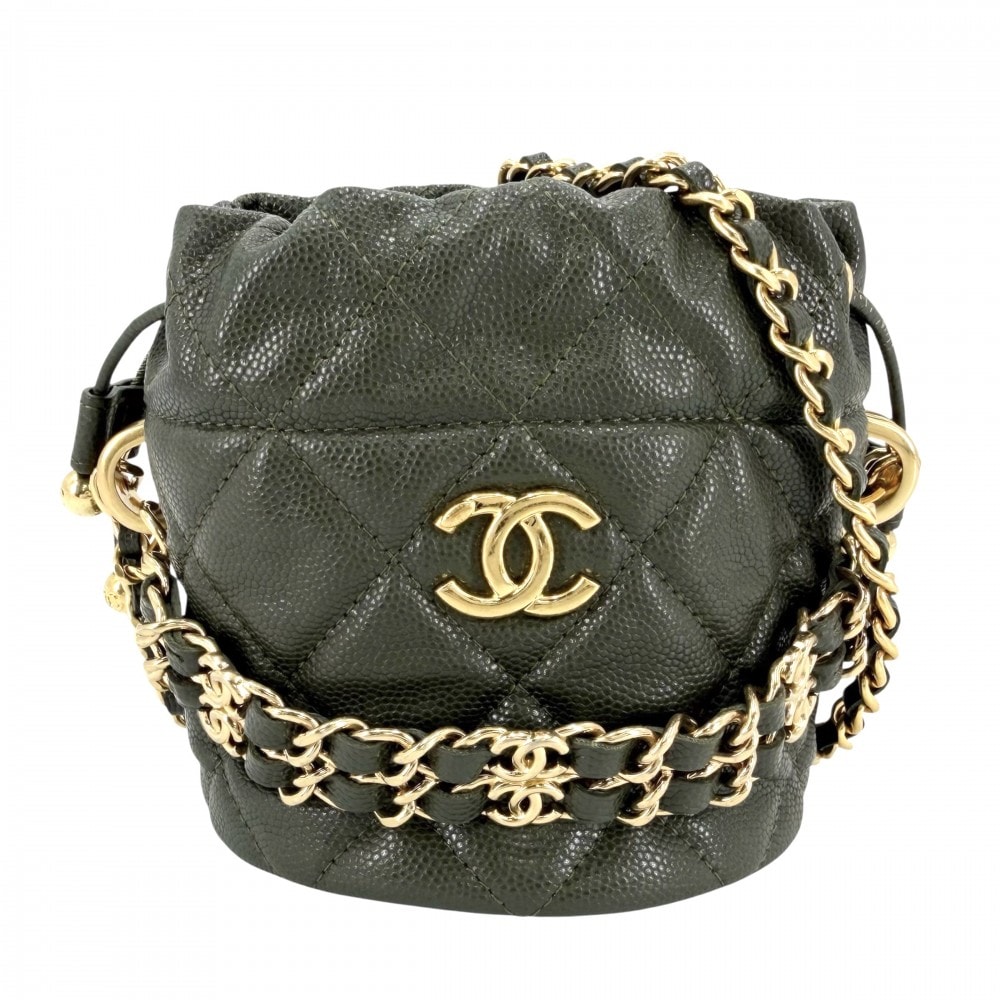 CHANEL シャネル ショルダーバッグ マトラッセ 巾着 ミニバッグ チェーンショルダー 肩掛け 斜め掛け ポシェット 小さめ ココマーク キャビアスキン カーキ ゴールド金具 レディース【中古品】