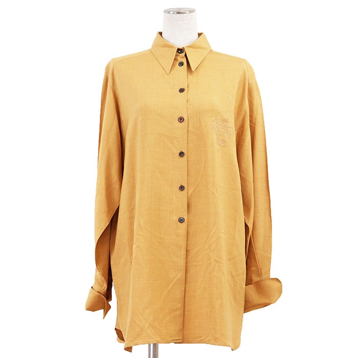 【SALE】HERMES エルメス 長袖シャツ シルク100% H ロゴ エンブレム エンブロイダリー 刺繍 ワンポイント ブラウス トップス レディース サイズ 40 マスタード フランス製