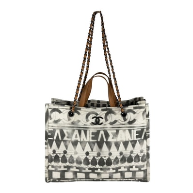 シャネル CHANEL ハンドバッグ ショルダーバッグ キャンバス/レザー アイボリー/グレー/ブラウン レディース【中古】 z11069