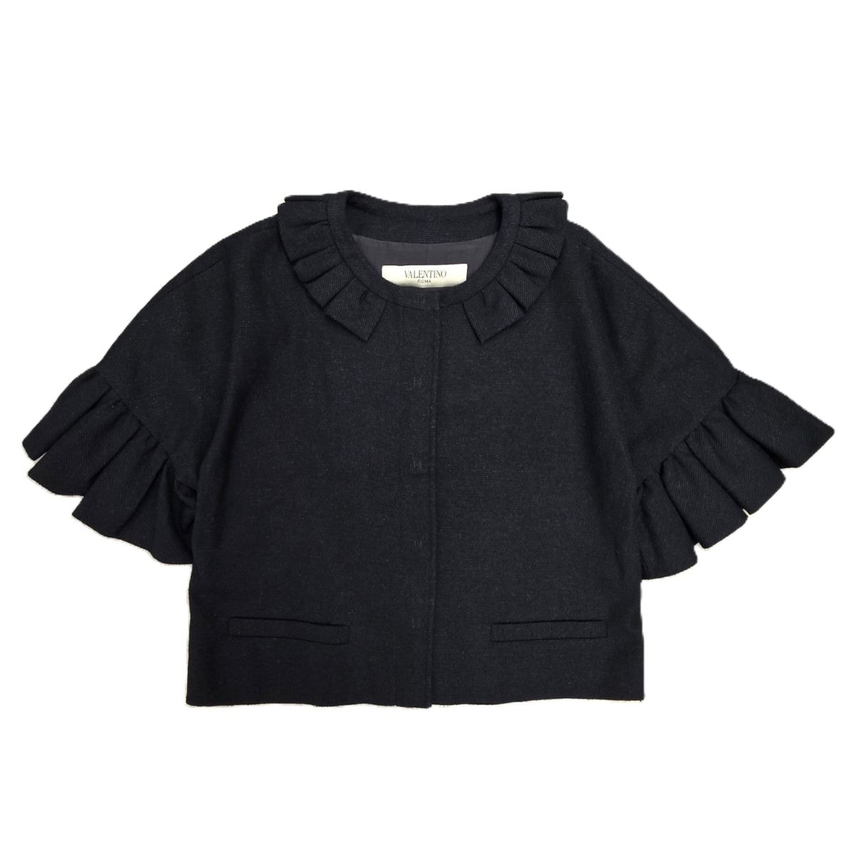 VALENTINO ヴァレンティノ フリル フレアスリーブ 5分袖 ツイード ウール×シルク ノーカラージャケット P34103481 42 ウール ベージュ  レディース【中古】