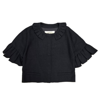 VALENTINO ヴァレンティノ フリル フレアスリーブ 5分袖 ツイード ウール×シルク ノーカラージャケット P34103481 42 ウール ベージュ レディース【中古】