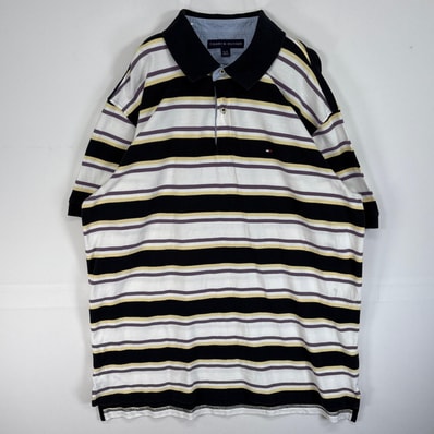 古着 トミーヒルフィガー TOMMY HILFIGER 鹿の子 半袖 ポロシャツ ボーダー ロゴ 刺繍 大きいサイズ XL ホワイト系 マルチカラー メンズ