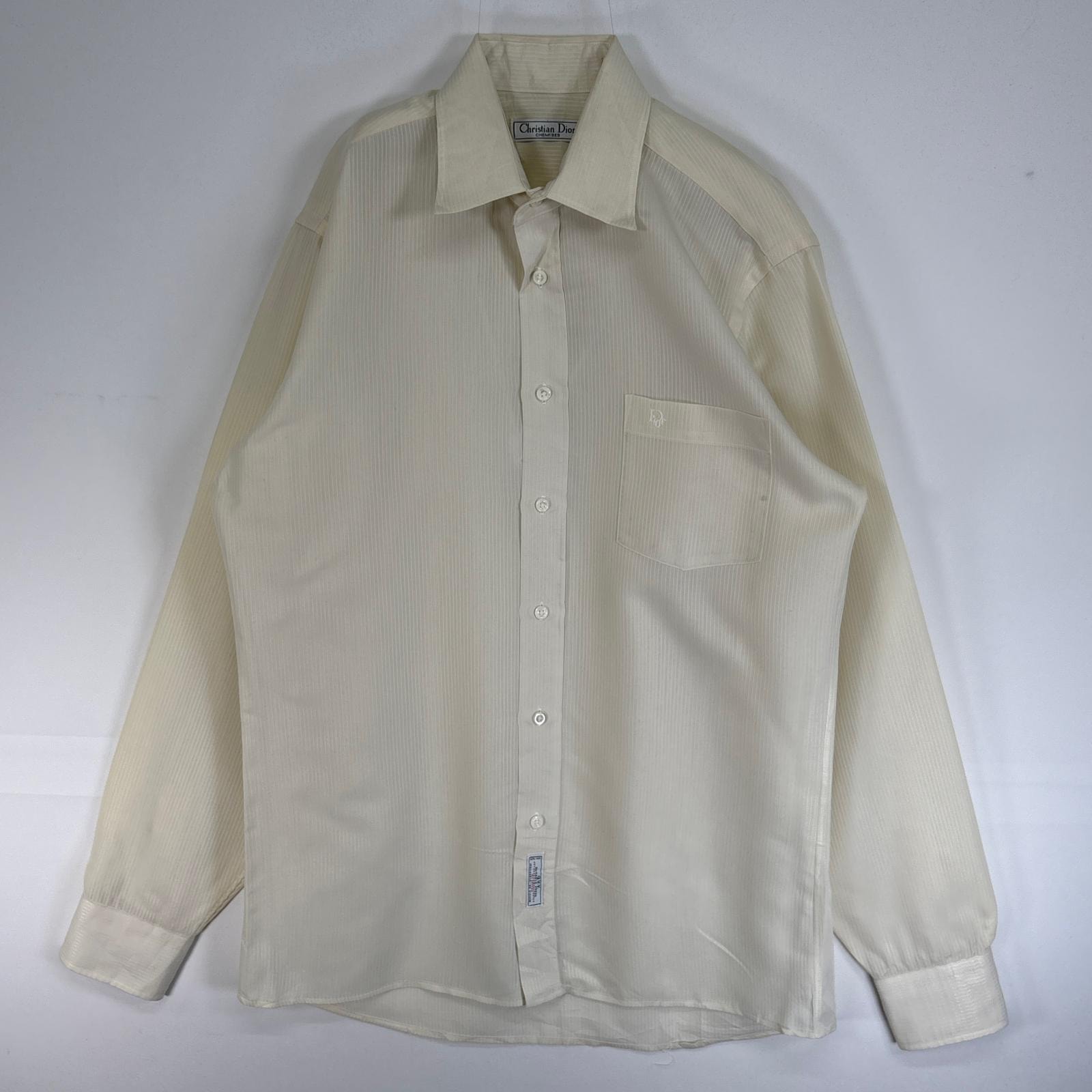 古着 クリスチャンディオール Christian Dior 長袖シャツ ロゴ 刺繍 胸ポケ M ホワイト系 ストライプ メンズ