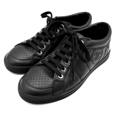 CHANEL シャネル 靴 ココマーク スニーカー ローカット ロゴ ココ 35サイズ 約22cm レザー ブラック 黒 シルバー金具 レディース【中古品】