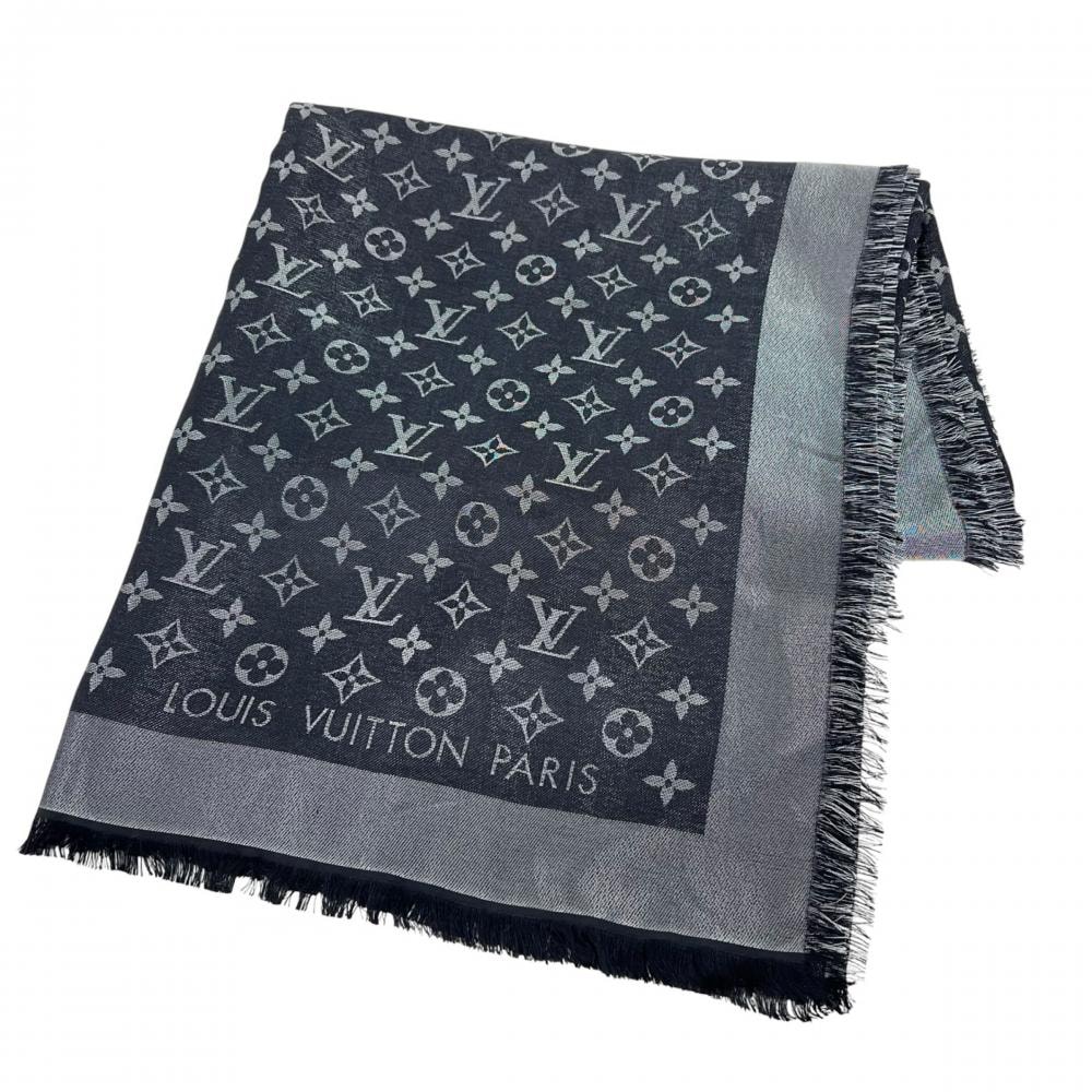 LOUIS VUITTON ルイヴィトン ストール ショール・モノグラム シャイン 大判 M75123 シルク  ウール  レーヨン  ポリエステル ブラック 黒 レディース 約595g【中古品】