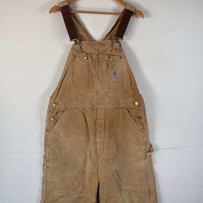古着 カーハート Carhartt オーバーオール ダック ワンポイントロゴ 大きいサイズ ダブルニー ボタンフライ キャメル メンズ