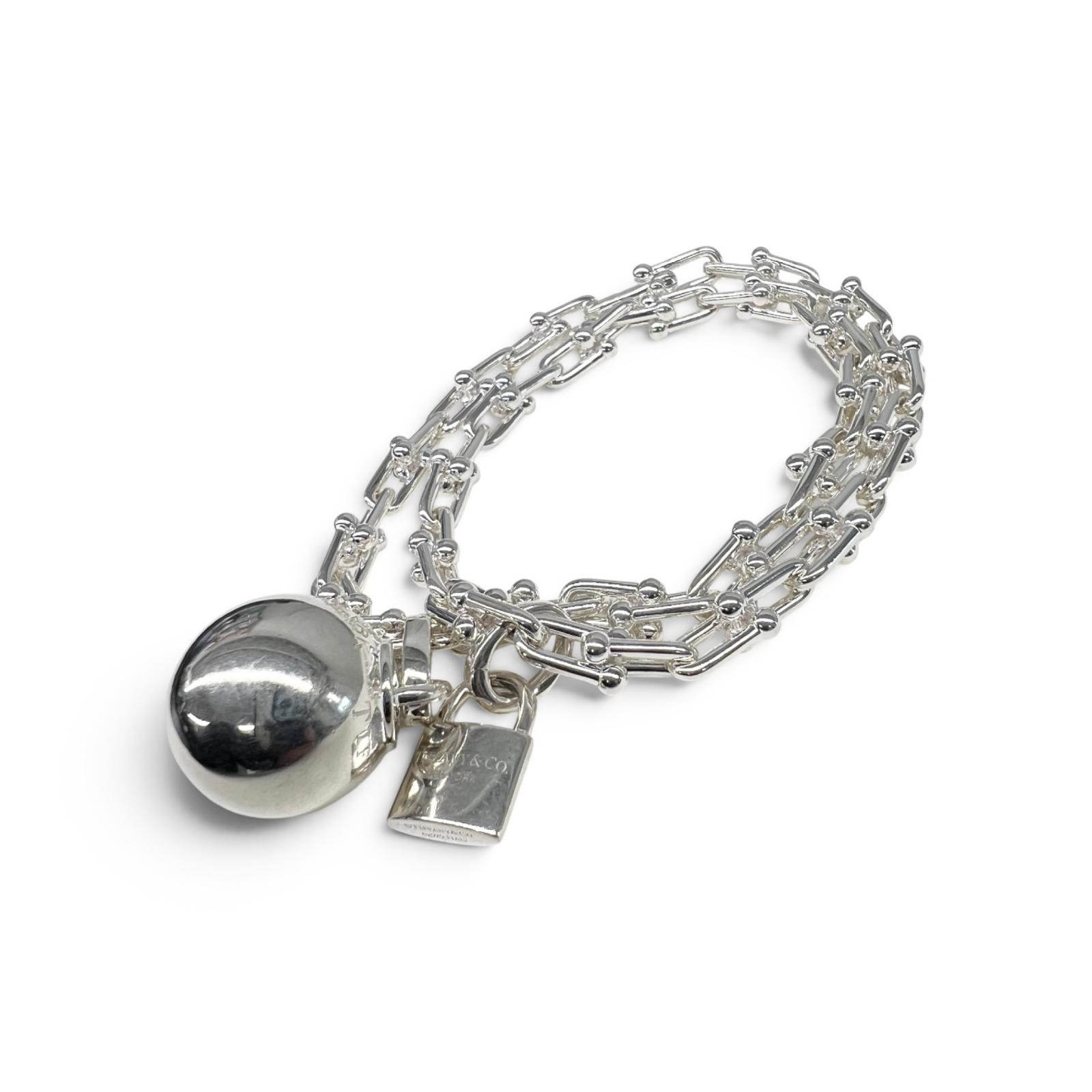 TIFFANY 美品 ティファニー ハードウェア スモールリンク ラップ ブレスレット シルバー SV925 45.6g パドロック ボール レディース メンズ ユニセックス バングル ABランク 中古 鑑定済 ティファニーアクセ