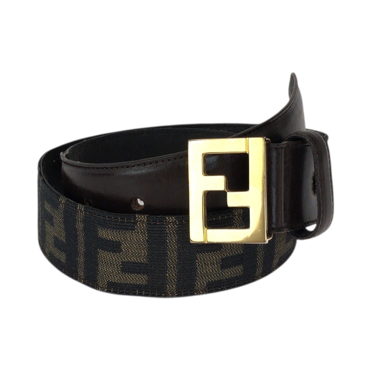 美品 FENDI フェンディ ズッカ FFロゴ サイズ44インチ ダークブラウン ゴールド金具 キャンバス レザー/ ベルト 601218 【中古】