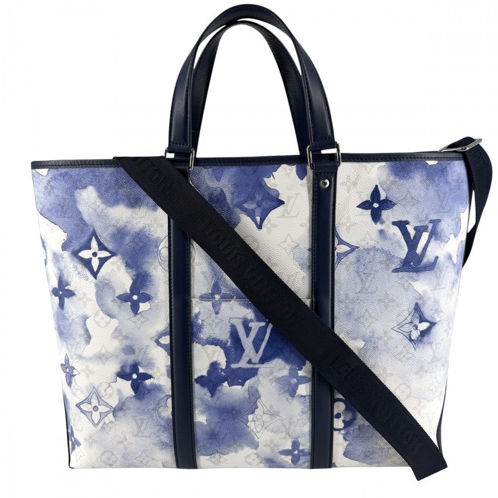 LOUIS VUITTON ルイヴィトン 2WAY モノグラムウォーターカラー ウィークエンド トートGM ハンドバッグ ショルダーバッグ 肩掛け 斜め掛け M45755 ブルー 青 ホワイト 白 シルバー金具 メンズ 美品【中古品】