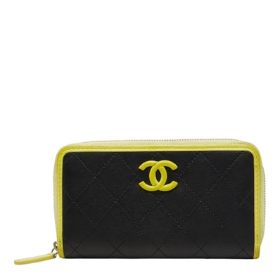シャネル ココマーク マトラッセ ラウンドファスナー 長財布 ブラック イエロー レザー レディース CHANEL 【中古】